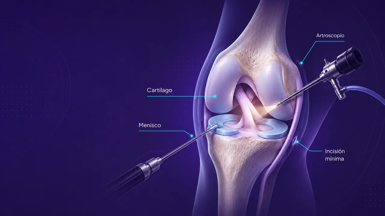 Diagrama artroscopia de rodilla — artroscopio, menisco, cartílago e incisión mínima