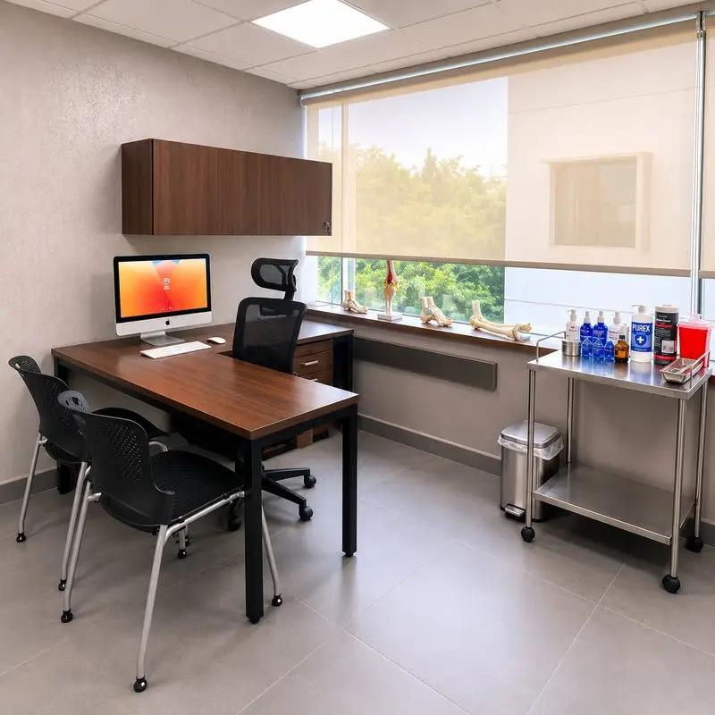 Área de trabajo con equipo médico y modelos óseos