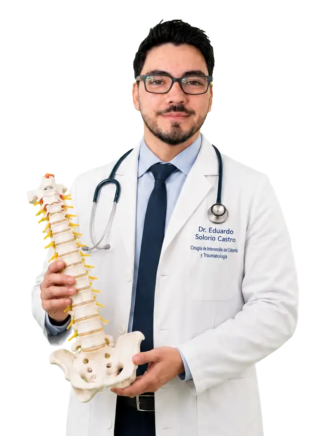 Dr. Eduardo Solorio Castro con modelo de columna vertebral — especialista en hernia de disco y ciática en Monterrey