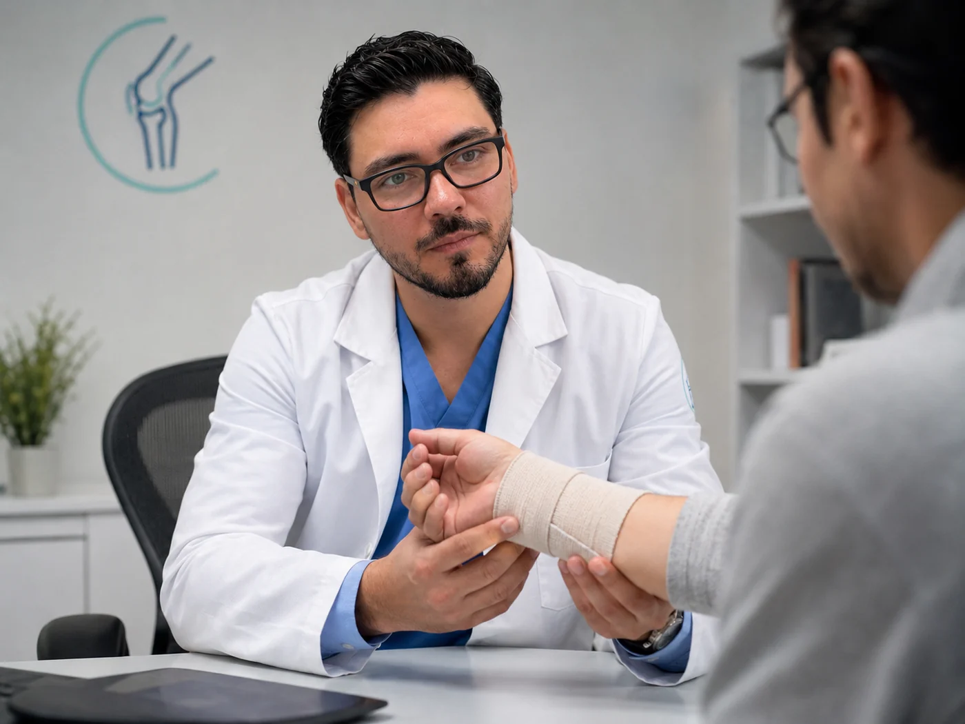 Dr. Eduardo Solorio revisando la muñeca de un paciente con fractura en Monterrey