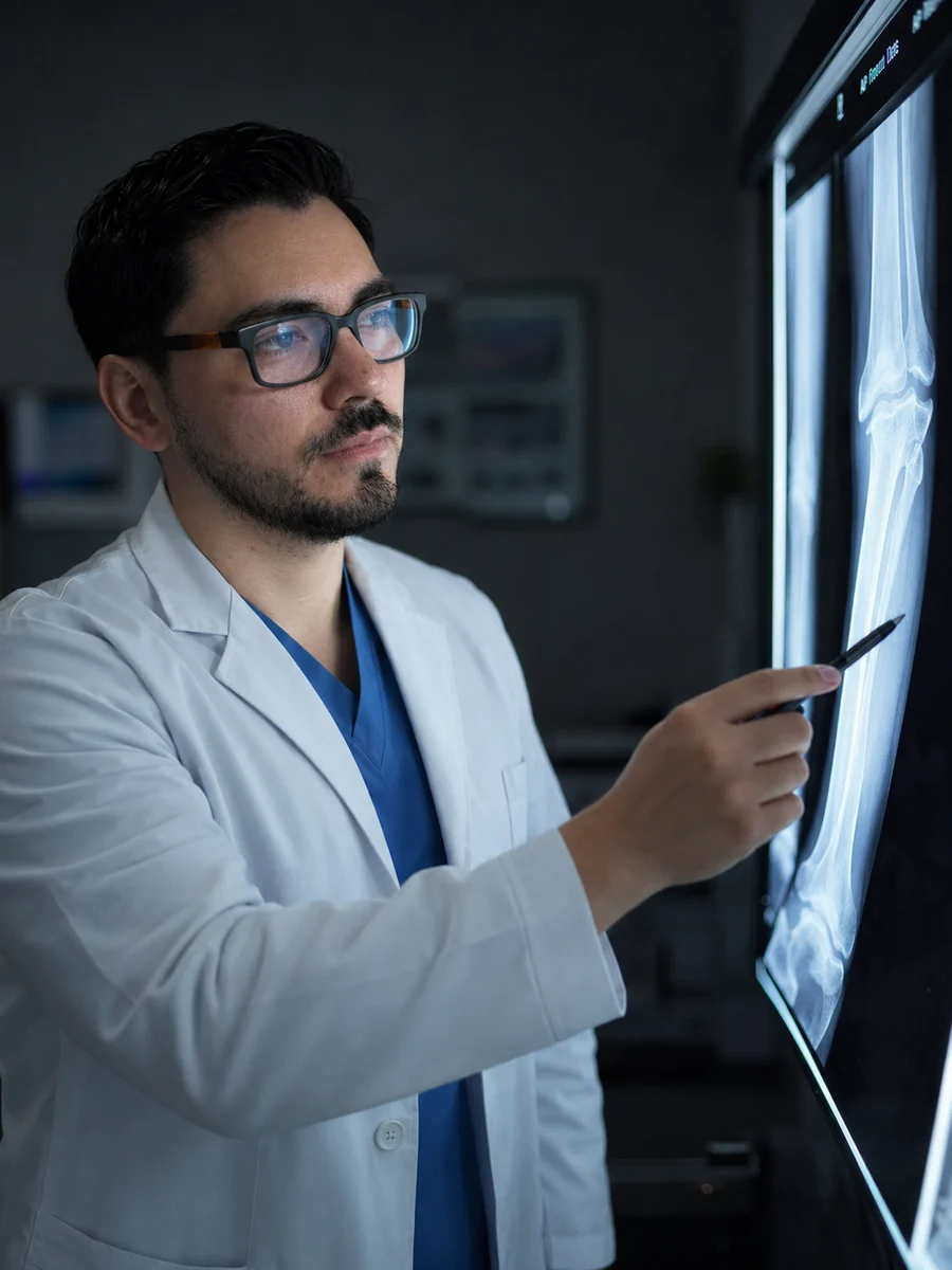Dr. Eduardo Solorio analizando una radiografía para diagnosticar una fractura