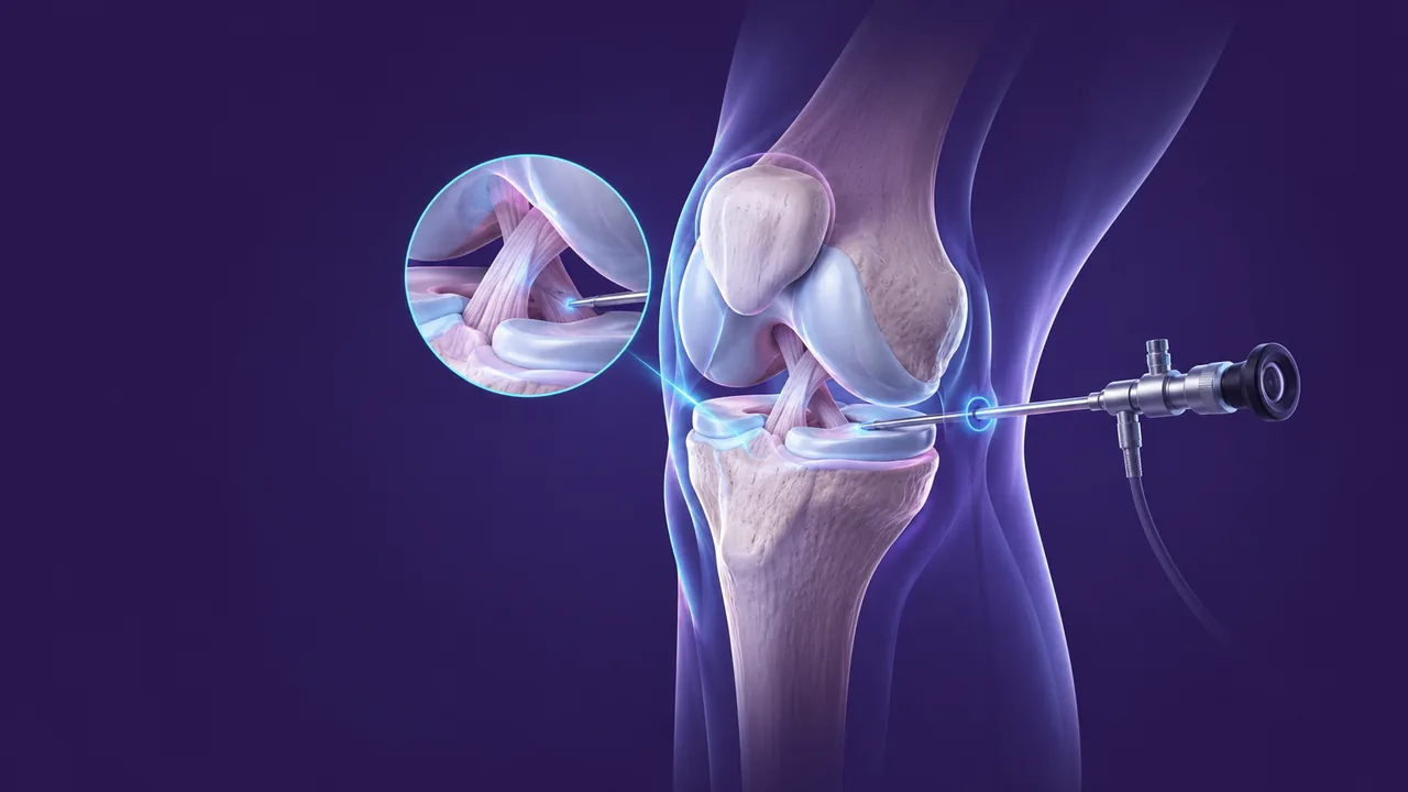 Artroscopia de rodilla en Monterrey — vista lateral con instrumento artroscópico