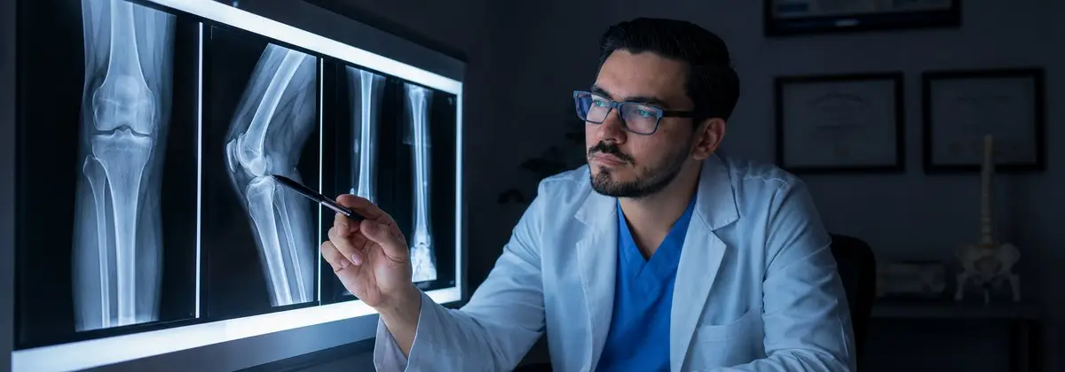 Dr. Eduardo Solorio revisando radiografías de rodilla en Monterrey