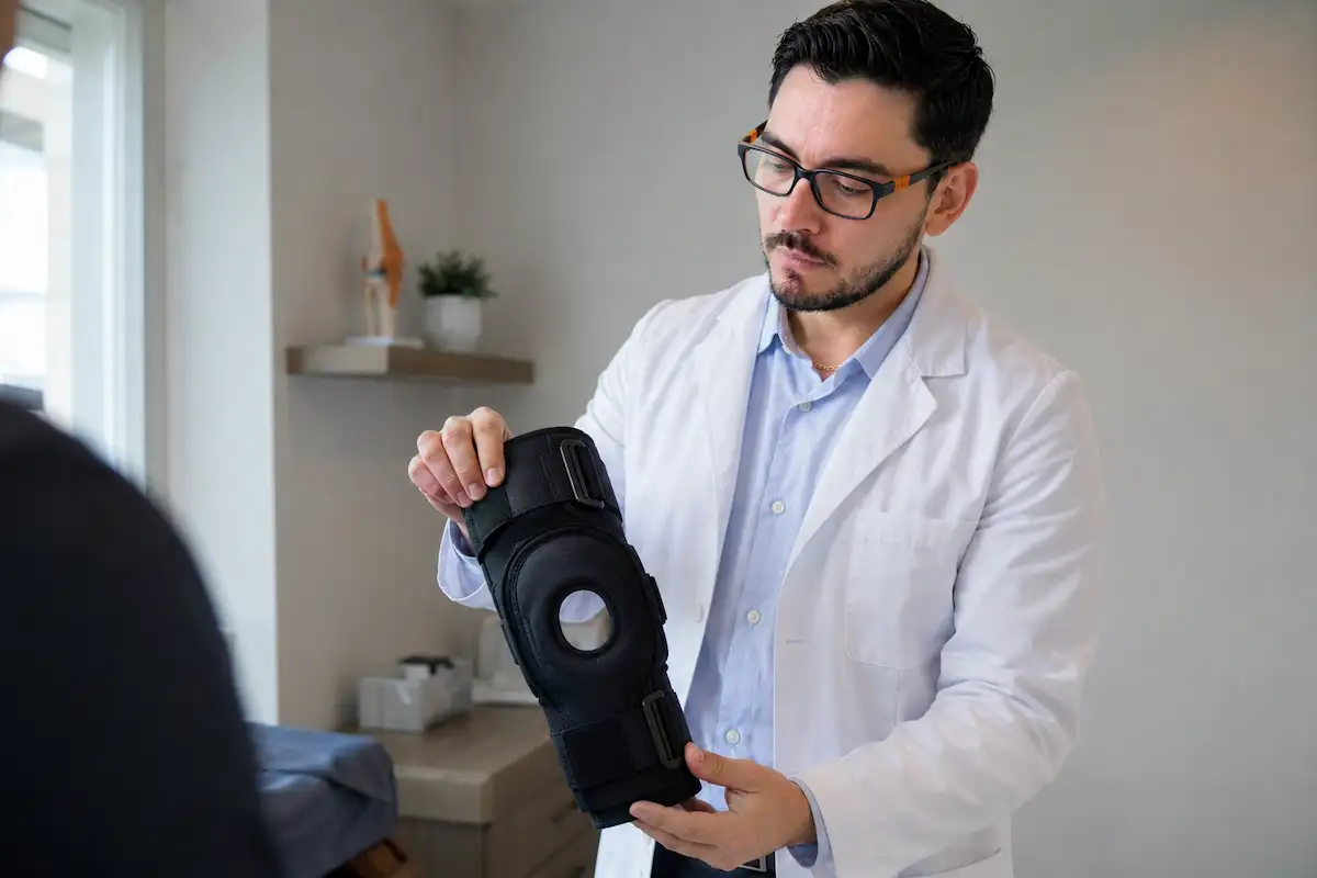 Dr. Eduardo Solorio revisando una rodillera funcional para lesión deportiva de rodilla en Monterrey